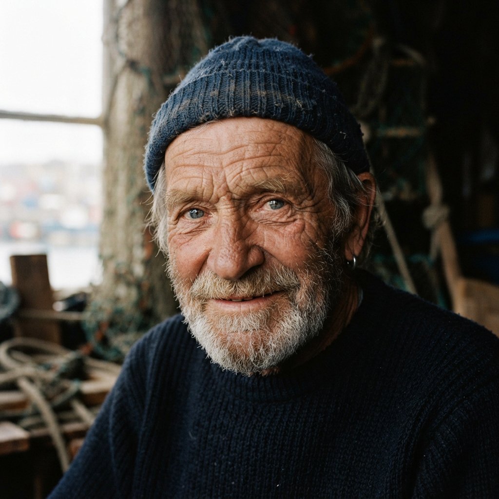 Close-up portrait of an elderly fisherman with deep wrinkles and a knitted cap, catchlights in the eyes, weathered skin texture, soft window light. — Nano Banana 2 Lite