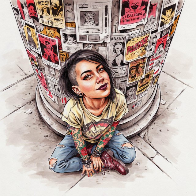 Realistic India ink illustration with crisp black lines, realistic anatomy and proportions, and watercolor fills; black ink outlines remain visible. Full-length, overhead view. A Latina woman sits on the pavement with her back against an enormous, thick round downtown pillar covered in posters for bands, art shows, burlesque, and a lost dog. One hand rests on the pavement, the other on an ankle. She tilts her head back, looking up at the viewer with a confident smile. Character: 25-year-old woman, medium-brown skin, slim build, edgy punk/goth appearance. Black asymmetrical undercut, right side shaved, longer top brushed across forehead, short messy ponytail. Sharp features, arched brows, brown almond-shaped eyes, heavy eyeliner, dark burgundy lipstick, six ear piercings. Each fingernail a different color. Loose pale-yellow graphic T-shirt, ripped blue jeans, dark red combat boots. Full left-arm sleeve tattoo of vines, leaves, and red roses. Thick black leather bracelets on both wrists. — Ideogram v4.5