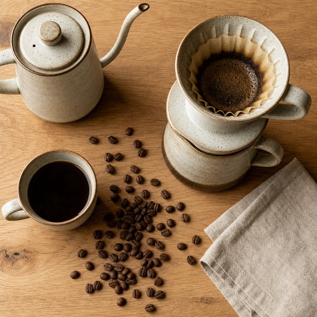 Overhead flat lay of a ceramic pour-over coffee set on oak, roasted beans scattered, a folded linen napkin, warm natural light. — GPT Image 2