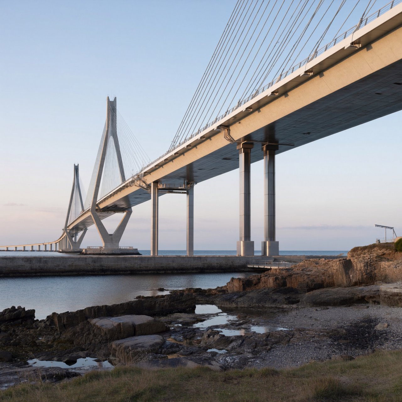 Across a sheltered coastal inlet, a contemporary high-tech cable-stayed bridge spans between granite shores, its slender steel pylons and pale concrete deck catching cool sunrise light; viewed from a rocky bank, straight lines and credible engineering define the scene. — ImagineArt 2