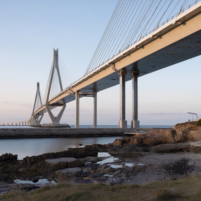 Across a sheltered coastal inlet, a contemporary high-tech cable-stayed bridge spans between granite shores, its slender steel pylons and pale concrete deck catching cool sunrise light; viewed from a rocky bank, straight lines and credible engineering define the scene. — ImagineArt 2