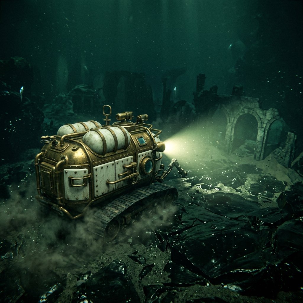 A brass-and-ceramic deep-sea crawler with arched pressure tanks trundles across the floor of a sunken obsidian caldera. Its searchlight cuts through green silt, revealing ruined stone arches far below the surface. — Nano Banana 2.1