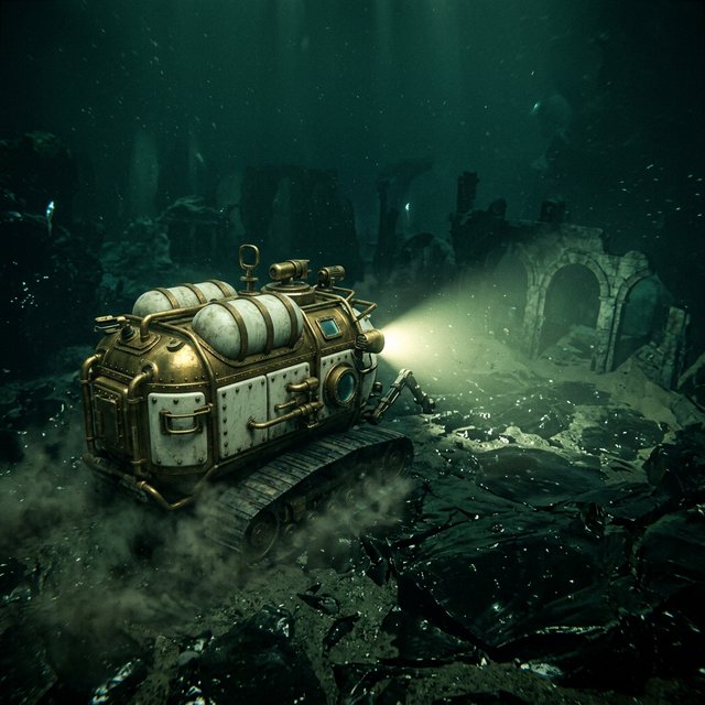A brass-and-ceramic deep-sea crawler with arched pressure tanks trundles across the floor of a sunken obsidian caldera. Its searchlight cuts through green silt, revealing ruined stone arches far below the surface. — Nano Banana 2.1