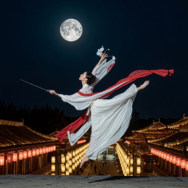 Elegant young adult Chinese female dancer performing a sword dance on a rooftop in ancient China at night, wearing flowing hanfu in primary white with secondary red accents. She leaps high in midair with her body arched backward, sword arm thrust forward, while her other arm rises gracefully above her with the hand forming delicate orchid fingers. Frontal three-quarter view, long black hair and sleeves flowing, expressive elegant pose, lantern-lit ancient city below, glowing rooftops and streets, romantic moonlit atmosphere. — Kling v3 Omni