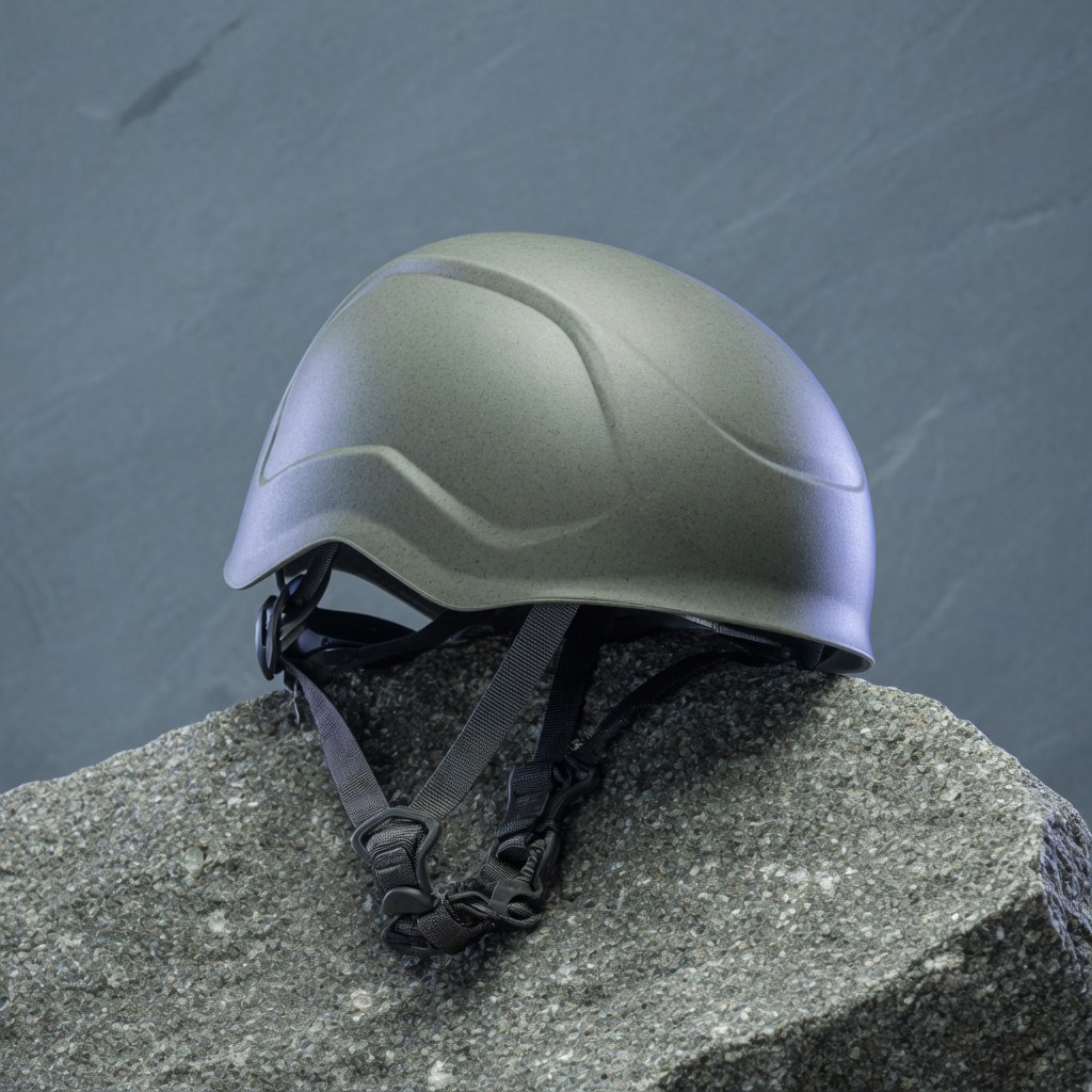 Against a muted slate backdrop, an unbranded climbing helmet with a matte recycled-polymer shell and woven nylon straps rests on rough granite; broad diffused key light and a cool rim light shape this commercial product image, with no lettering. — Grok Imagine Image Quality