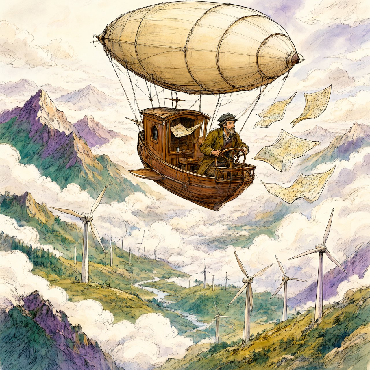 Ink-and-gouache illustration of an adult cartographer steering a small airship above a cloud-filled mountain valley, maps fluttering from the cabin and wind turbines turning below. Palette of emerald, ochre, plum, and cream, with lively linework and atmospheric washes. — Qwen Image 3.0