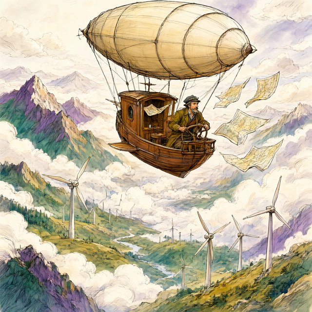 Ink-and-gouache illustration of an adult cartographer steering a small airship above a cloud-filled mountain valley, maps fluttering from the cabin and wind turbines turning below. Palette of emerald, ochre, plum, and cream, with lively linework and atmospheric washes. — Qwen Image 3.0