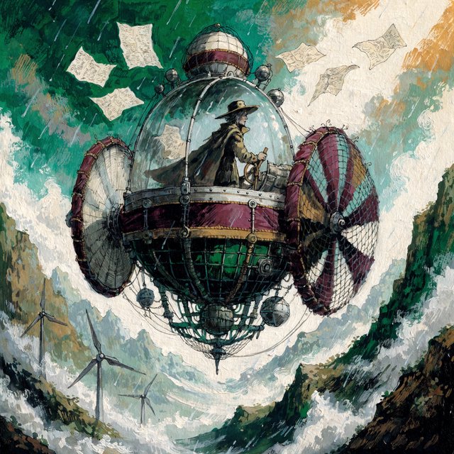 Ink-and-gouache illustration of an adult cartographer steering a small airship above a cloud-filled mountain valley, maps fluttering from the cabin and wind turbines turning below. Palette of emerald, ochre, plum, and cream, with lively linework and atmospheric washes. — Recraft v4 Pro