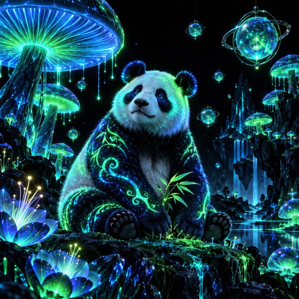 A bioluminescent panda bear, its fur patterns glowing with neon blues and vibrant greens, sits peacefully amidst a grove of luminous, alien flora. Giant, pulsing mushrooms and floating orbs of light create an otherworldly ambiance. The background fades into an inky blackness, making the glowing elements pop. Style: Sci-fi fantasy illustration with sharp, defined lines and glowing contrasts, drawing inspiration from futuristic concept art. — GPT Image 2.5 Sunburst