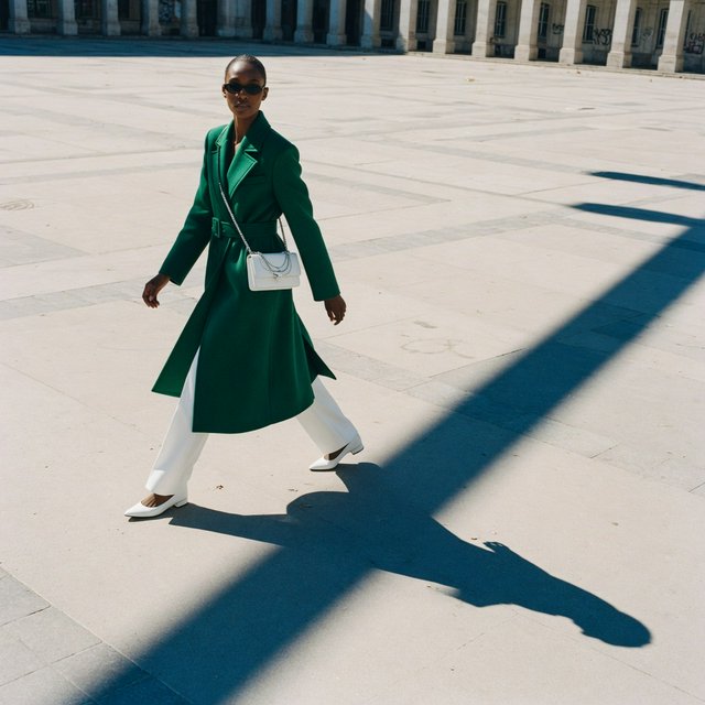 Full-length fashion editorial: model in a structured emerald wool coat and white trousers walking across a wide empty plaza, harsh midday sun, long shadow. — Grok Imagine Image Quality