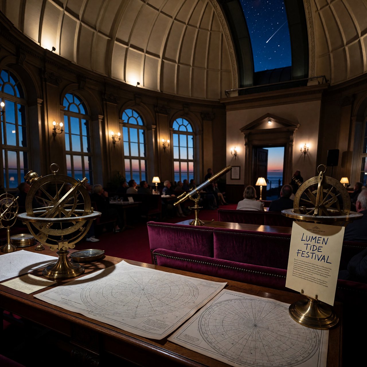 At a restored seaside observatory, a twilight meteor-watching event fills the domed hall with brass instruments, star charts, and velvet benches; "LUMEN TIDE FESTIVAL" is hand-printed in deep blue ink across a cream paper announcement beside the entrance. — ImagineArt 1.5 Pro