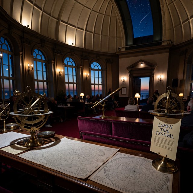 At a restored seaside observatory, a twilight meteor-watching event fills the domed hall with brass instruments, star charts, and velvet benches; "LUMEN TIDE FESTIVAL" is hand-printed in deep blue ink across a cream paper announcement beside the entrance. — ImagineArt 1.5 Pro