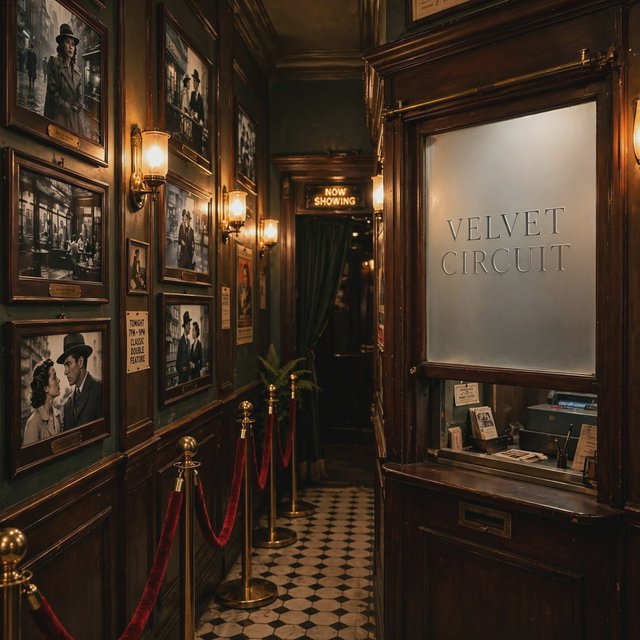 A narrow neighborhood cinema lobby glows with amber sconces, velvet ropes, and framed film stills; "VELVET CIRCUIT" is etched in elegant silver lettering across the frosted glass ticket-booth window. — Muse Image 1.0