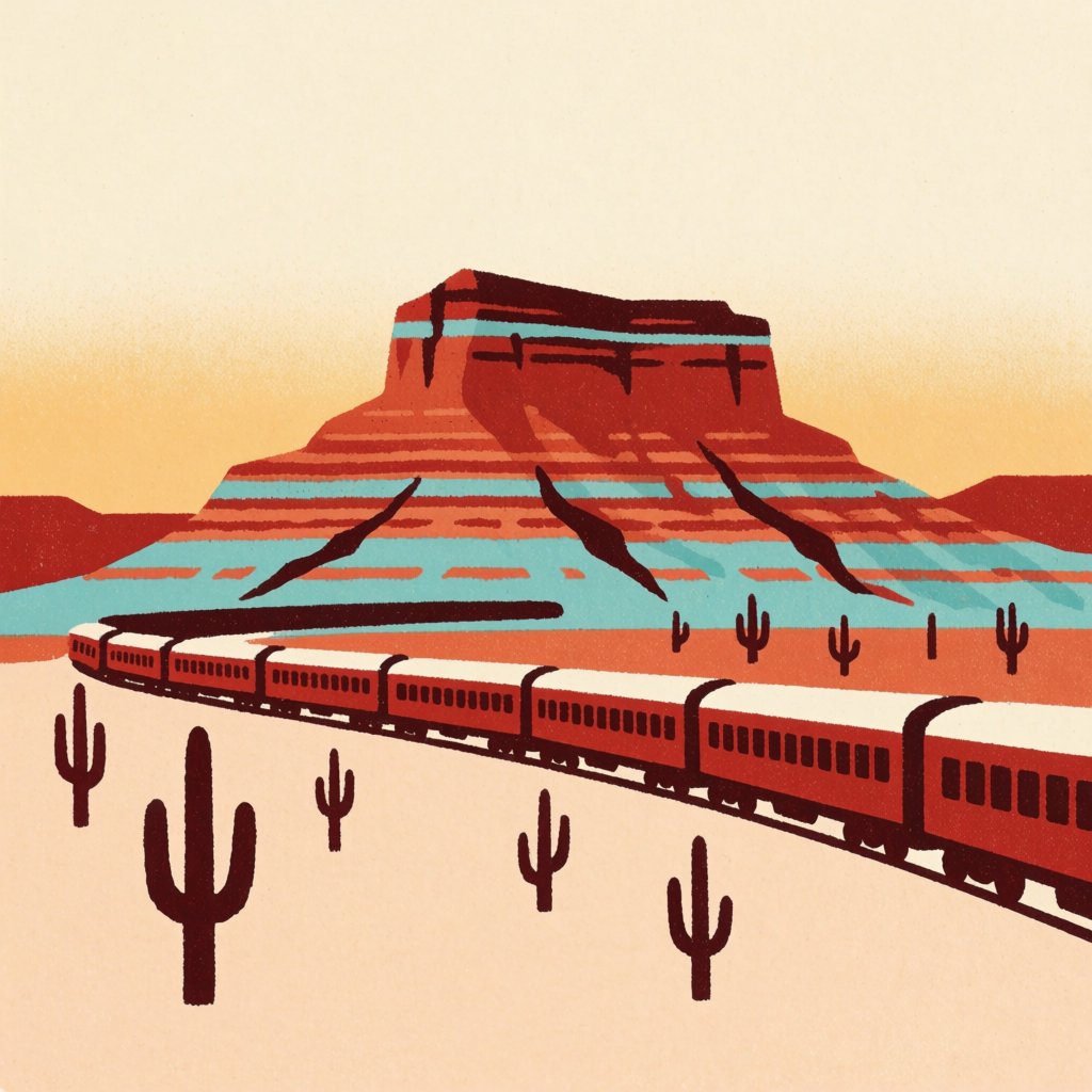 At dawn, a scarlet desert train curves past saguaro silhouettes toward a mesa; screen-printed gouache illustration in mid-century travel-poster style, palette of rust, turquoise, sand, and cream, no lettering. — Krea 2 Medium