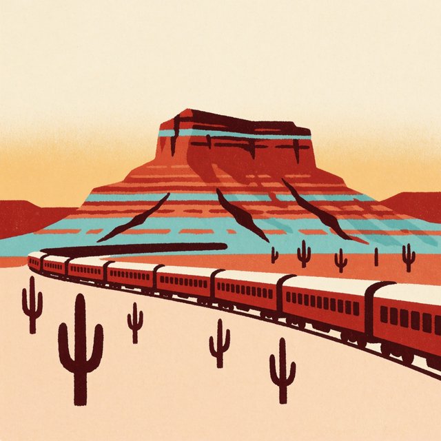 At dawn, a scarlet desert train curves past saguaro silhouettes toward a mesa; screen-printed gouache illustration in mid-century travel-poster style, palette of rust, turquoise, sand, and cream, no lettering. — Krea 2 Medium