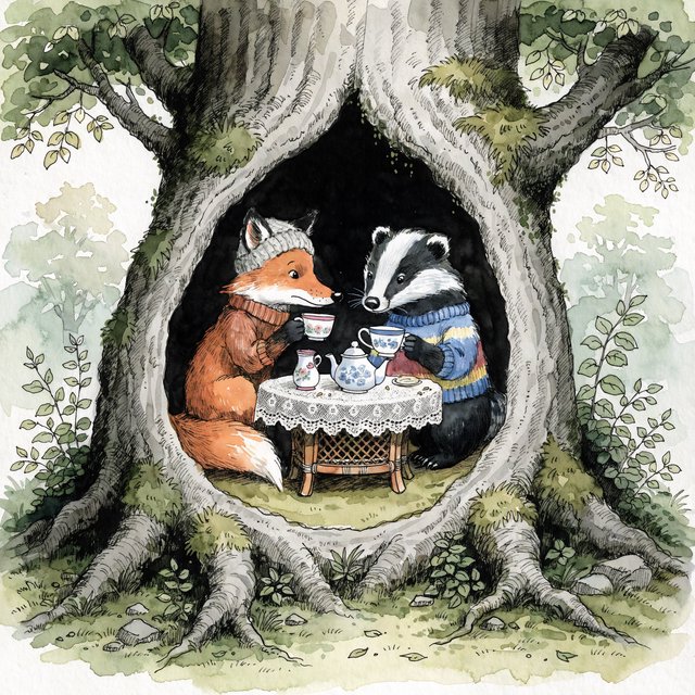 Children's book illustration of a fox and a badger sharing tea in a hollow tree, watercolour and ink, warm and gentle. — Recraft v4 Pro
