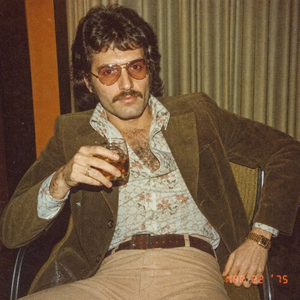 Create an image of a man in the quintessential style of 1975. Style his hair, clothing, accessories, and surroundings to reflect the distinctive look of the mid-1970s—featuring bold silhouettes, eye-catching accessories, layered details, and characteristic colors and textures. Give the image the feel of an authentic 1975 photograph, complete with analog film grain, faded colors, direct flash lighting, and a slight soft-focus effect. Add a period-accurate, red-orange date stamp in a 1970s style in one of the bottom corners. No recognizable posters. No modern objects or text. — GPT Image 2