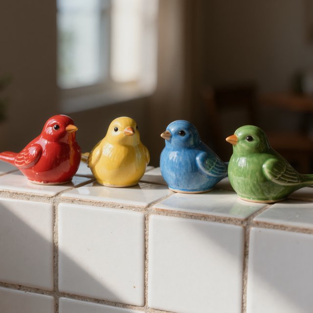 On a sunlit tiled ledge, exactly four ceramic bird figurines form a row: red at far left, yellow at left-center, blue at right-center, and green at far right; all face forward, nothing else. — Kling v3 Omni