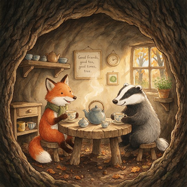 Children's book illustration of a fox and a badger sharing tea in a hollow tree, watercolour and ink, warm and gentle. — Seedream 5.0 Pro