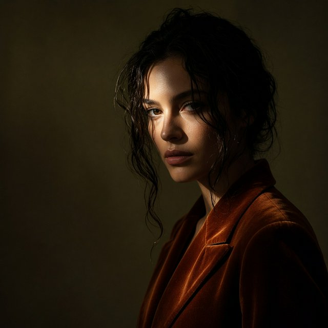 Her guarded gaze catches a solitary beam in a low-key fashion portrait: an adult woman aged 27–35 wears a rust-colored velvet blazer, the rest of her face falling into shadow against a deep olive backdrop. — Grok Imagine Image 2