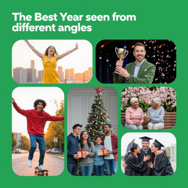 A realistic image where the theme is all about people having the best year ever. 4–6 moments seen from different angles. At the top it says, "The Best Year seen from different angles". — Kling v3 Omni