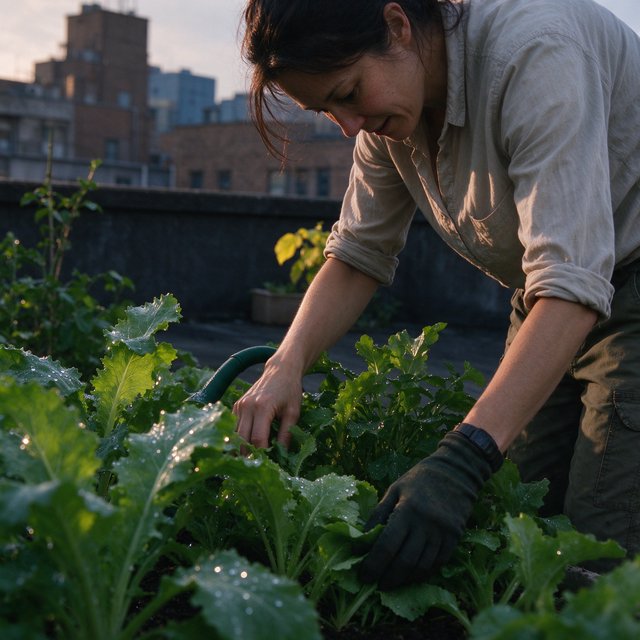 Candid documentary photograph of an adult tending a rooftop vegetable garden in the late afternoon, soft side light, 50mm lens with moderate depth of field, water droplets glinting on freshly watered leaves. — Seedream 5.0 Flash