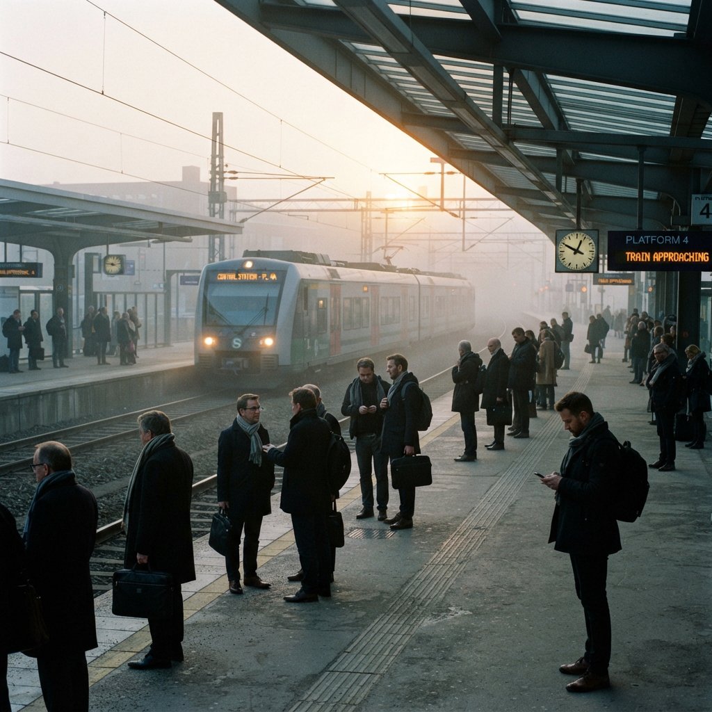 Across a broad station platform, adult commuters wait in loose clusters as a train approaches through pale dawn haze. A real-world press photograph uses a 135mm lens and deep focus; fine brake dust hangs in the sunlit air. — Nano Banana 2 Lite