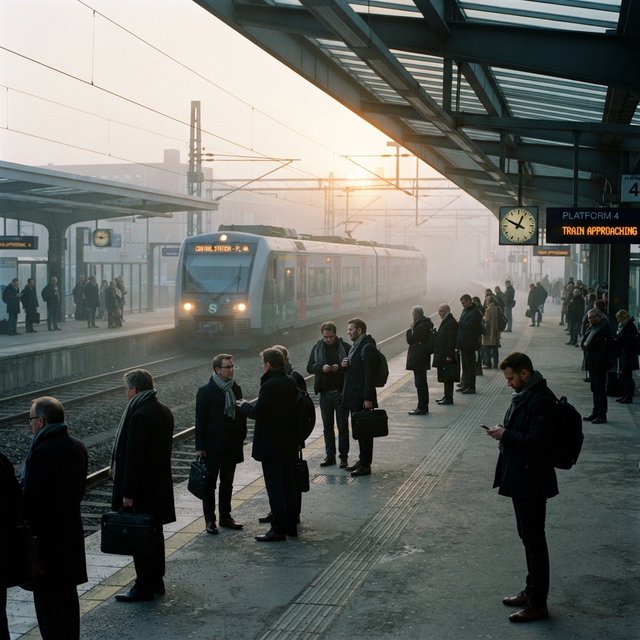 Across a broad station platform, adult commuters wait in loose clusters as a train approaches through pale dawn haze. A real-world press photograph uses a 135mm lens and deep focus; fine brake dust hangs in the sunlit air. — Nano Banana 2 Lite