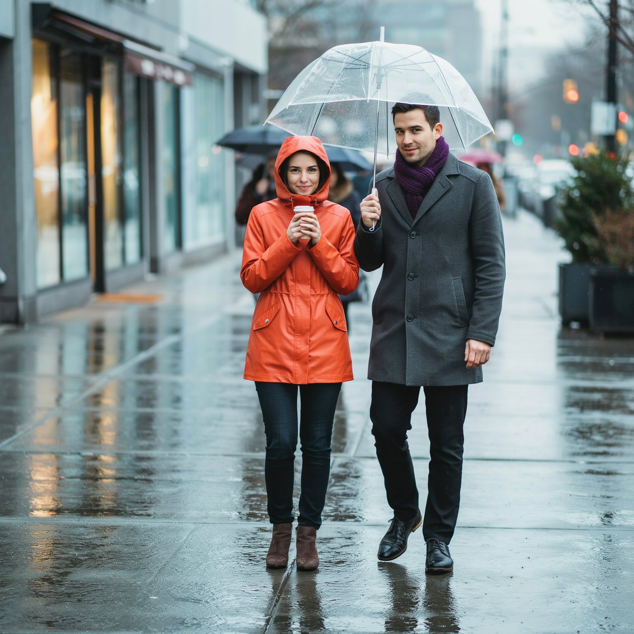 A man with a purple scarf holding a transparent umbrella, standing to the right of a woman in an orange raincoat who holds a paper cup, both facing the camera. — Ideogram v4