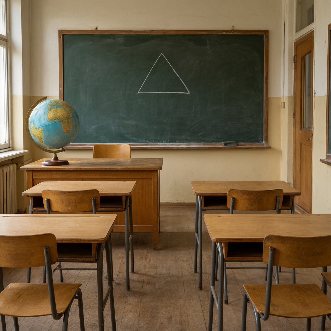 A classroom with exactly four desks in two rows, a globe on the teacher's desk, a chalkboard with a single drawn triangle, empty of people. — Qwen Image 3.0 Pro