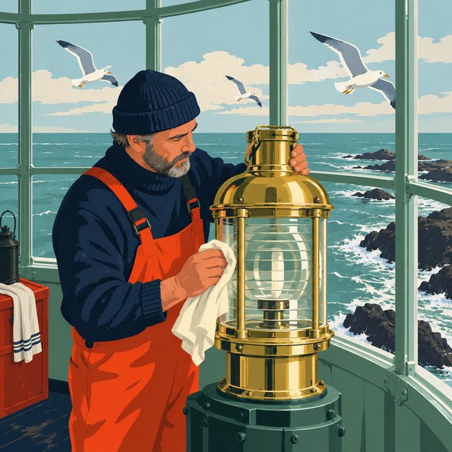 Flat-vector illustration of an adult lighthouse keeper polishing a brass lantern in a windswept tower, gulls circling beyond the glass and foam tracing black rocks below. Palette of sea-glass green, cream, vermilion, and navy. — GPT Image 2.5 Flare