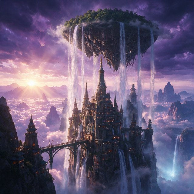 A colossal cliffside monastery hangs beneath a floating island, its waterfalls falling into luminous cloud seas. Bronze bridges connect needle towers, while dawn rays pierce violet storms and tiny windows glow above an endless abyss. — Seedream 5.0 Pro
