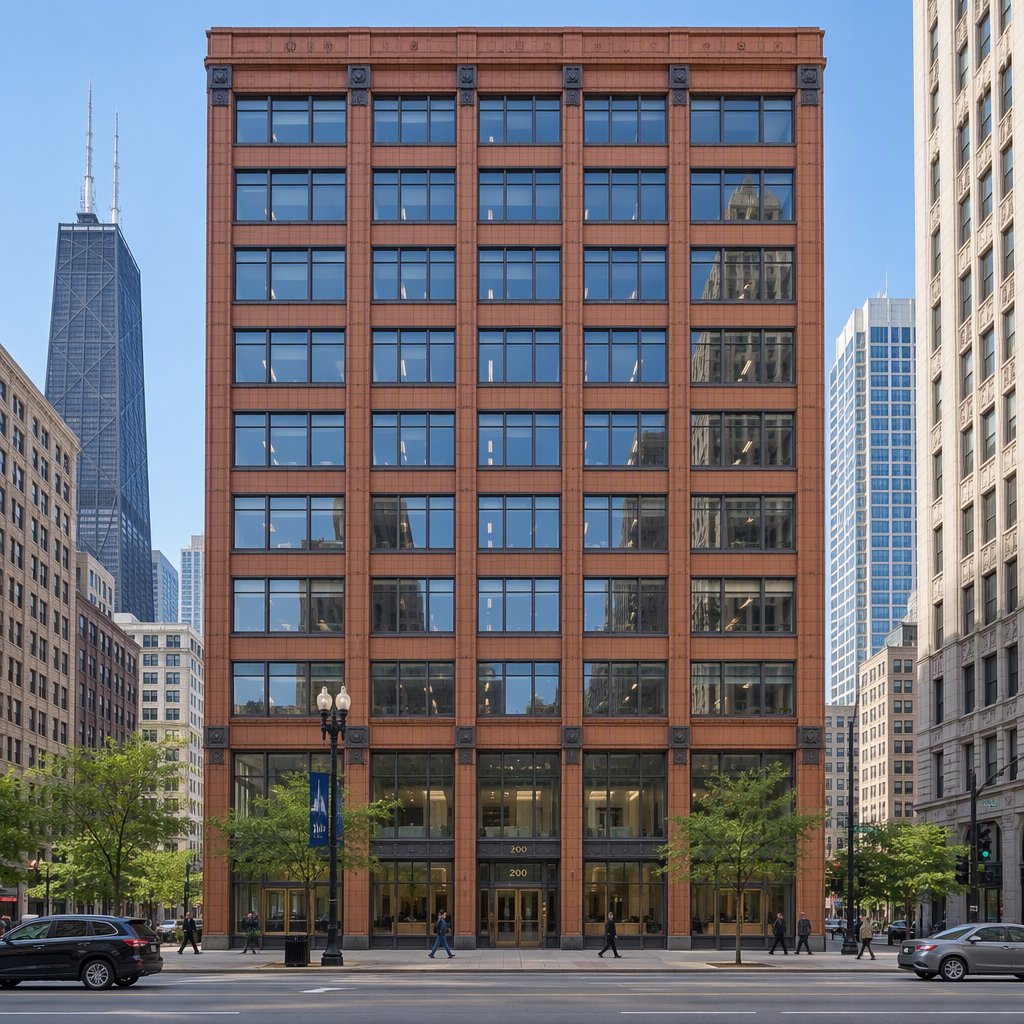 Exterior of a Chicago School office tower, with a visible steel-frame grid, warm terra-cotta cladding, broad rectangular windows, and a flat roofline; clear afternoon light, viewed from across a city street, with precise verticals and believable construction. — GPT Image 2.5 Flare