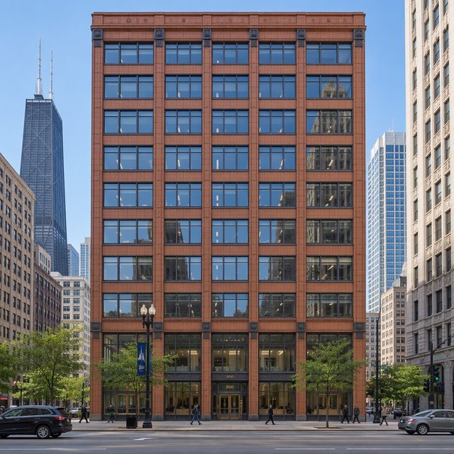 Exterior of a Chicago School office tower, with a visible steel-frame grid, warm terra-cotta cladding, broad rectangular windows, and a flat roofline; clear afternoon light, viewed from across a city street, with precise verticals and believable construction. — GPT Image 2.5 Flare