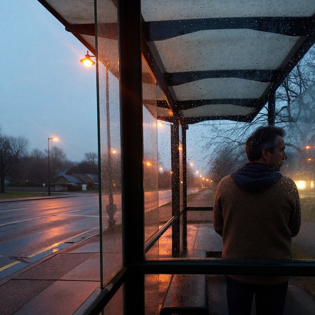 Candid documentary photograph of an adult waiting beside a city bus shelter at dawn, sodium streetlights fading into cool blue daylight, 50mm lens with shallow depth of field, fine rain droplets clinging to the shelter glass. — ImagineArt 1.5 Pro