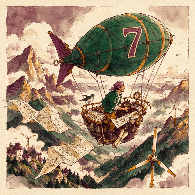 Ink-and-gouache illustration of an adult cartographer steering a small airship above a cloud-filled mountain valley, maps fluttering from the cabin and wind turbines turning below. Palette of emerald, ochre, plum, and cream, with lively linework and atmospheric washes. — Seedream 5.0 Pro