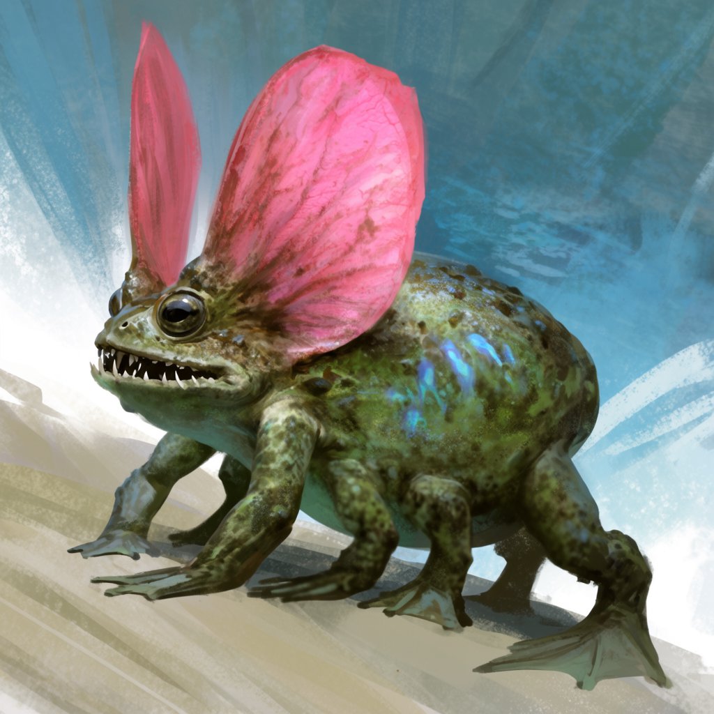 Creature design: a six-legged amphibious grazer with bioluminescent markings, shown on a riverbank, painterly. — Krea 2 Large