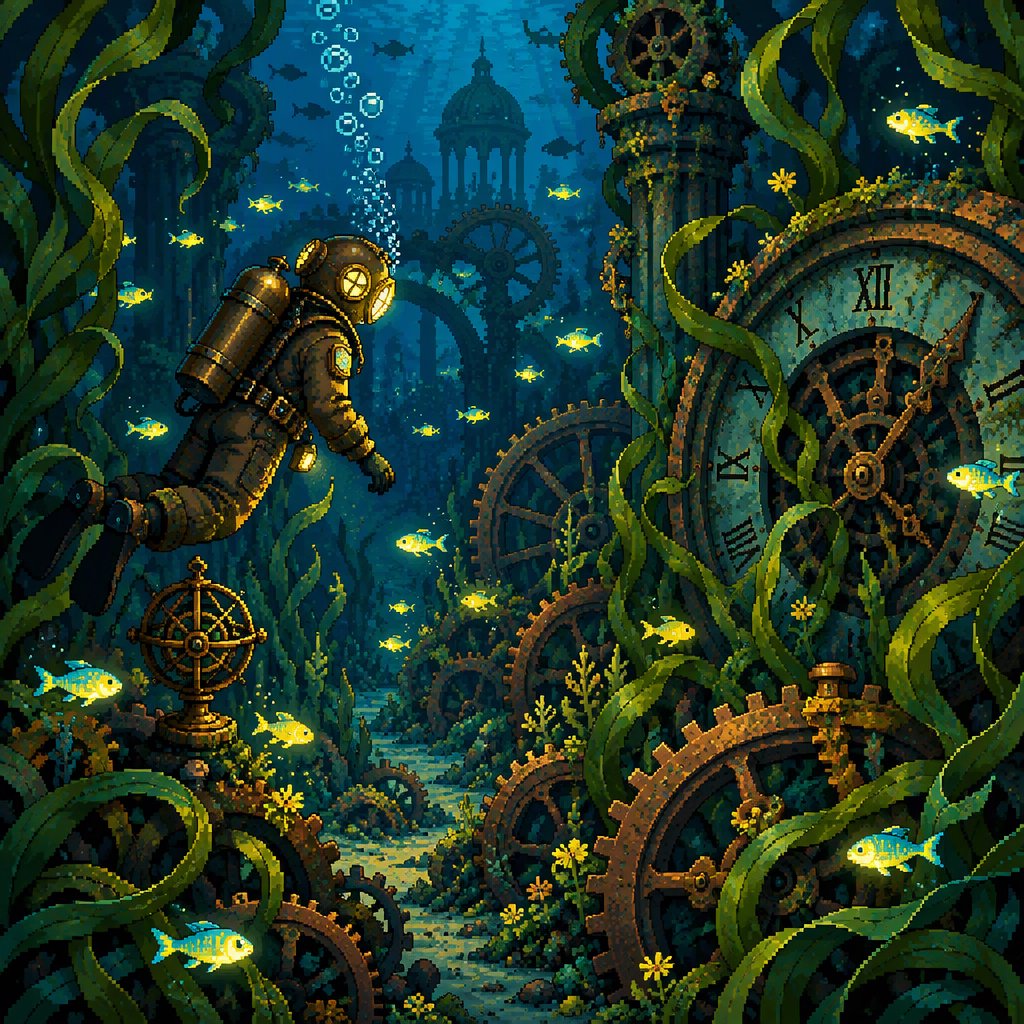 A brass-suited adult diver explores a submerged clockwork garden, where kelp curls around sunken gears and tiny fish glow in the dark; pixel art illustration, palette of teal, copper, midnight blue, and lemon yellow. — GPT Image 2.5 Flare