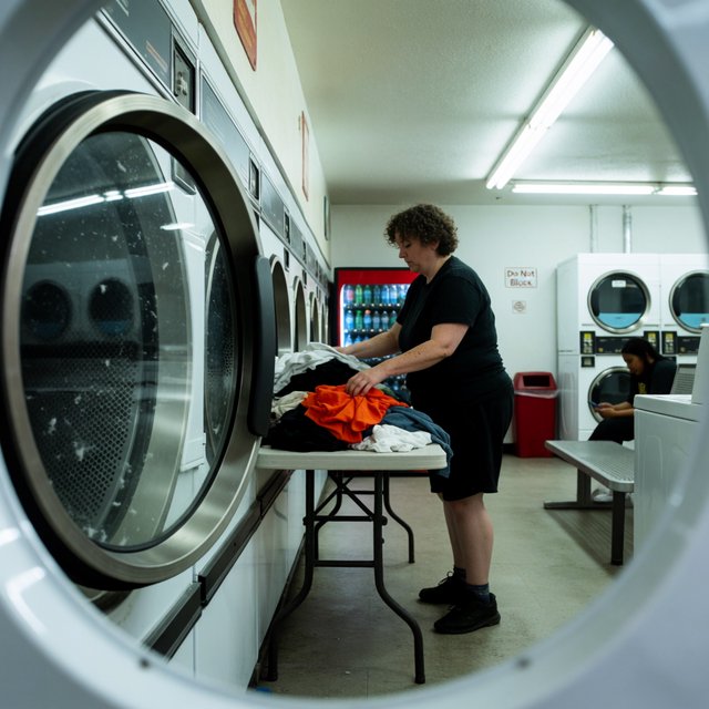 Candid documentary photograph of an adult sorting laundry in a neighborhood laundromat, cool fluorescent light, 35mm lens with moderate depth of field, lint specks floating near a tumbling dryer door. — Krea 2 Medium