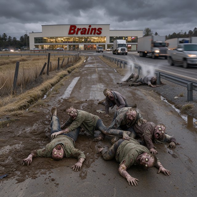 Several weird-looking zombies, some cross-eyed and some wide-eyed, are heading towards a superstore far ahead named "Brains". The superstore is located beside a highway with some trucks driving along it. The zombies are on a rural road connecting to the highway. There are patches of mud in one place on the rural road. The zombies are slipping on the mud and falling—some on their faces, some on their backs, and some on top of other zombies. A couple of fallen zombies are crawling up to the highway, where speeding trucks are passing by. Make it dramatic but funny. — Model 2
