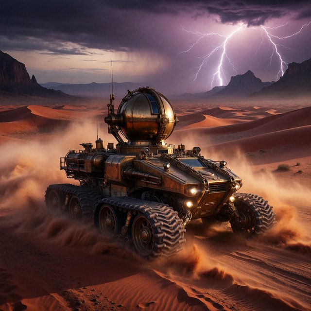 A colossal brass desert crawler carries an observatory dome across red dunes, its articulated legs striding through a sandstorm. Warm lamps glow beneath the hull while distant mesas fade into violet dusk and lightning illuminates the horizon. — ImagineArt 1.5 Pro