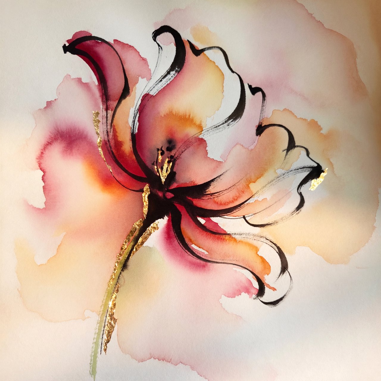 Gently sweeping forms emerge from long, subtle color transitions and soft contours. Bold ink strokes create resilient, confident edges that taper and densify in response to pressure. Raised, polished gold captures directional light in warm, metallic flashes. Luminous, rim-lit gradients blend wet-on-wet into floating patches of color, while a restrained palette of warm ochre, ivory, and deep crimson creates radiant, painterly highlights against a soft, atmospheric background. A flower in the summer wind. — ImagineArt 2