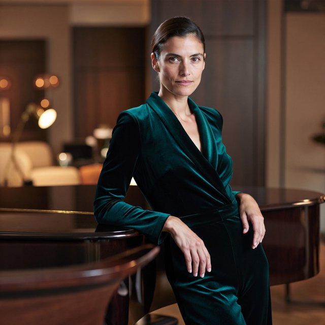 Editorial glamour photograph of an adult woman in a midnight-green velvet evening jumpsuit, standing naturally beside a grand piano in a softly lit salon, warm flattering light, relaxed hands, elegant posture, sophisticated fashion composition. — ImagineArt 2
