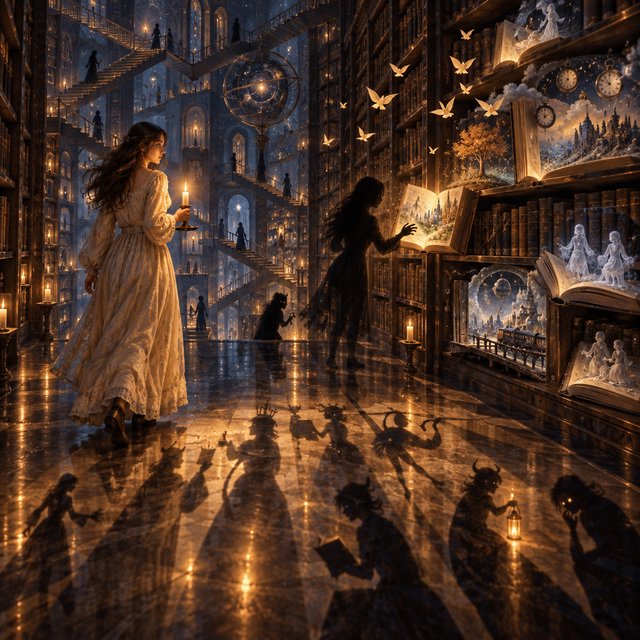 In an infinite library where floating staircases defy gravity, a young woman carries a candle through endless shelves. Her shadow has quietly detached itself from her feet and now wanders independently among the towering bookcases, secretly opening glowing books filled with forgotten memories. Each open page reveals miniature worlds: flying origami birds, drifting clocks, and tiny ghostly figures. The woman's candlelight creates impossible reflections, revealing dozens of alternative shadows with distinct personalities. Dreamlike surrealism, warm golden candlelight set against deep blue darkness, intricate details, magical realism, painterly. — GPT Image 2.5 Sunburst