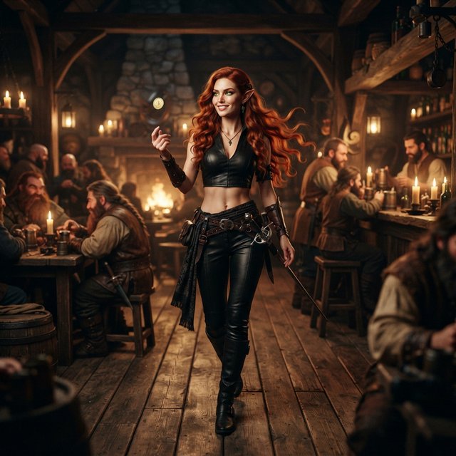 A beautiful, slim adult elf woman wearing black leather pants and a black leather crop top that leaves her belly exposed. She has stunning, intense green eyes and long, flowing, curled red hair. She is smiling; she is a rogue, with a rapier hanging from her belt. She is catwalking through a medieval fantasy tavern at night while flipping a golden coin, in a realistic fantasy style. — Nano Banana 2 Lite