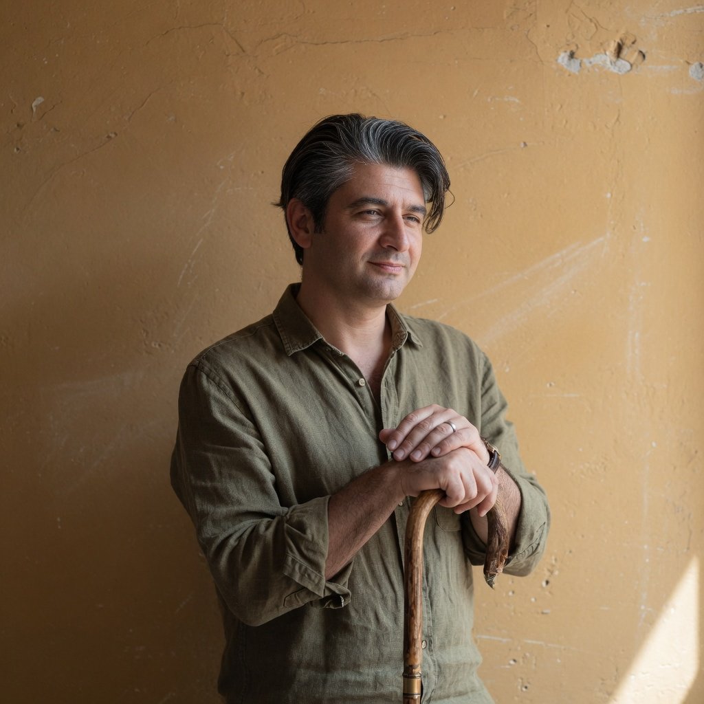 Portrait photograph of an adult man in his 40s with silver-streaked hair, wearing a textured olive linen shirt and rolled sleeves, hands resting on a wooden cane, relaxed expression, ochre plaster backdrop, soft window light from the side. — Grok Imagine Image Quality