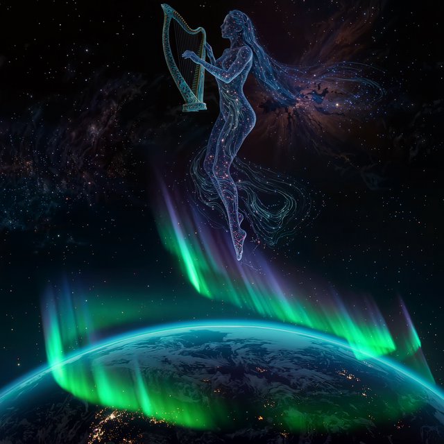 A cinematic wide-angle shot of an ethereal, gigantic adult female entity composed of stardust and nebulae. She hovers in the deep black of space, directly above the curvature of the Earth. Her fingers move like a harpist's, weaving luminous, emerald-green and violet aurora threads directly into the Earth's atmosphere. The polar lights appear like liquid silk, wrapping themselves around the planet. Realistic play of light, mystical atmosphere, bioluminescent colors, deep indigo and neon green. — Kling v3