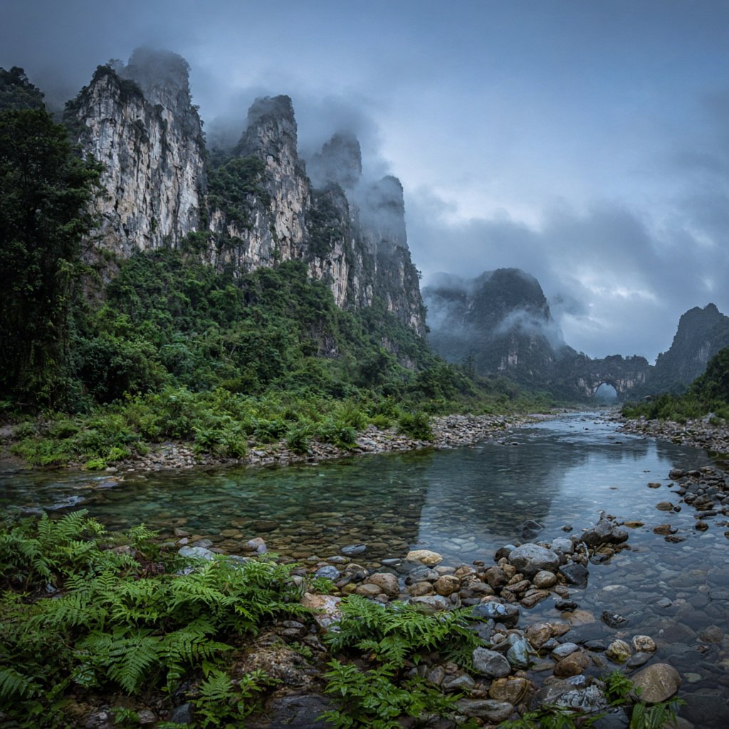 A limestone karst valley at blue hour after a light shower, towering pale cliffs rising above a clear river, low clouds snagging on pinnacles, slick ferns and rounded pebbles leading toward a distant stone arch. — Grok Imagine Image 2