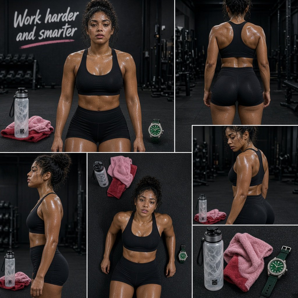 A pretty adult mixed-race woman of Korean and Black heritage, wearing fitted gym wear. Scene: a heavy workout with sweat. POV: full front, back, side, and aerial views. Near her are a unique-looking water bottle, a diamond green watch, a pink and red towel, and text in the background that says “Work harder and smarter”. — Grok Imagine Image 2