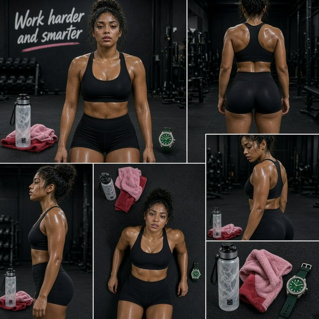 A pretty adult mixed-race woman of Korean and Black heritage, wearing fitted gym wear. Scene: a heavy workout with sweat. POV: full front, back, side, and aerial views. Near her are a unique-looking water bottle, a diamond green watch, a pink and red towel, and text in the background that says “Work harder and smarter”. — Model 5